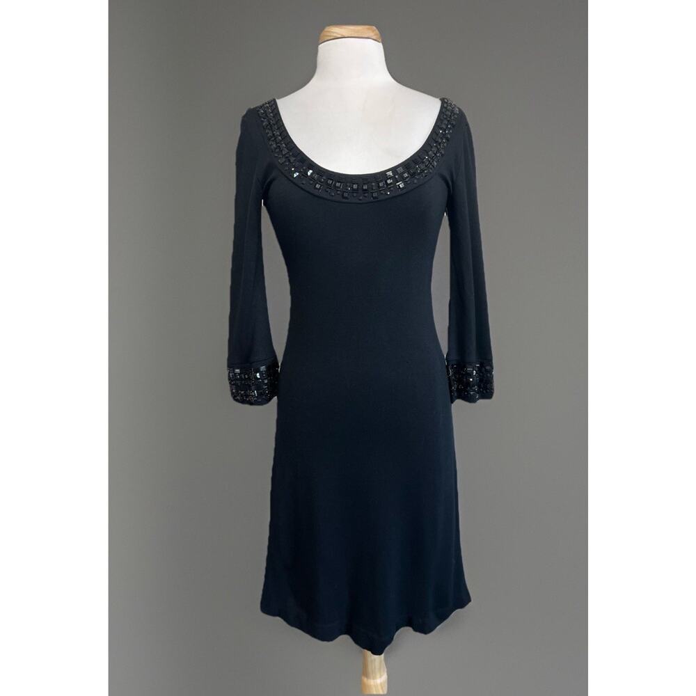 Karen Kane Women's Black Scoop Neck Jeweled Knit Dress 3/4 Sleeve Size Small NEW